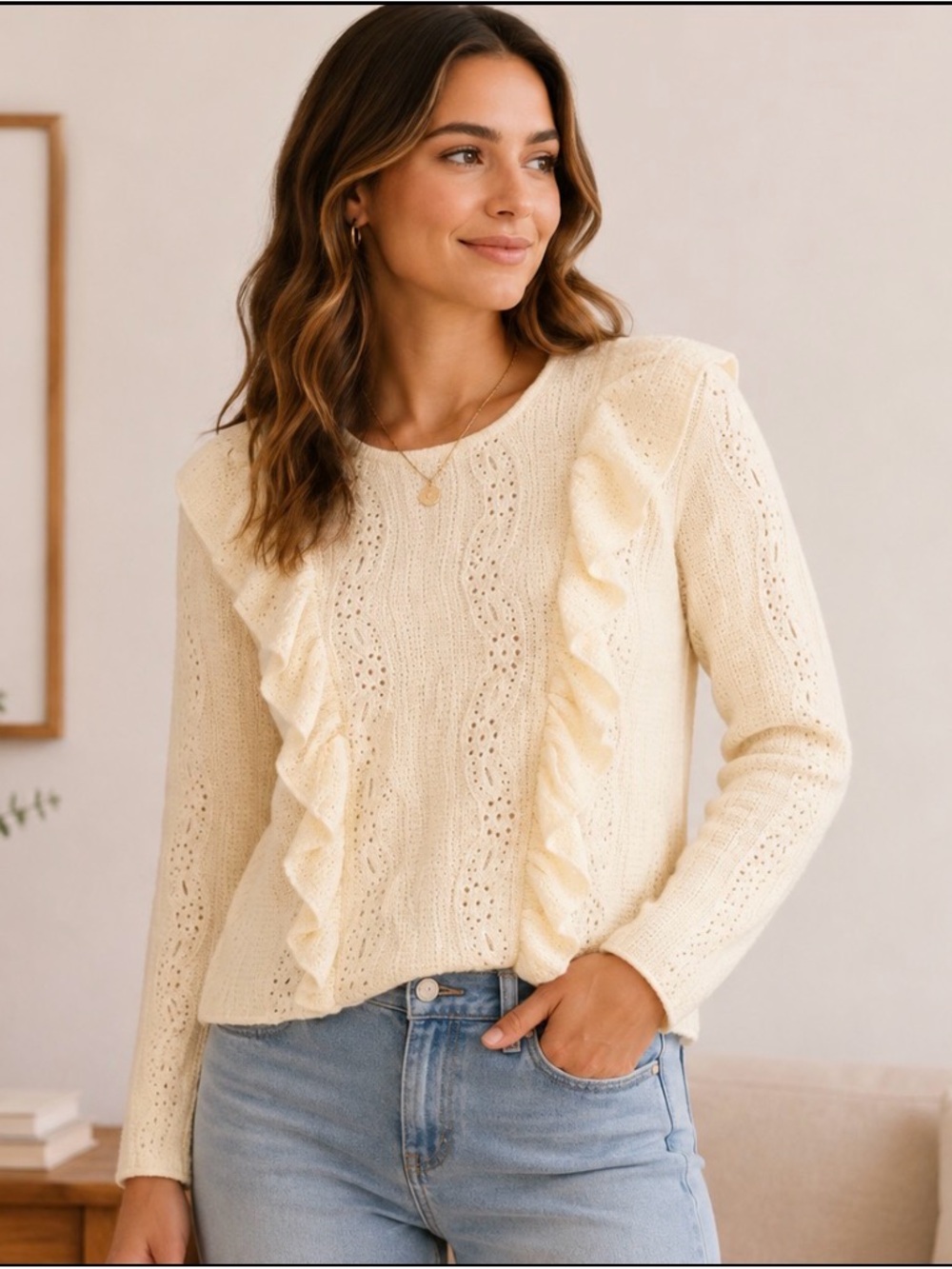 MNG Mango Casual Cream Eyelet Ruffle Blouse Long Sleeve Size XS